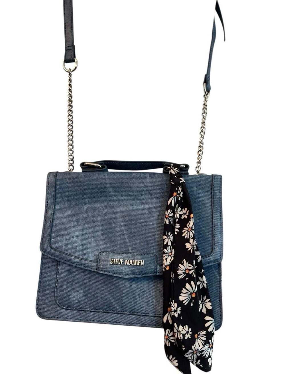 Steve Madden Blue Denim-Look Crossbody Bag with Floral Scarf Accent